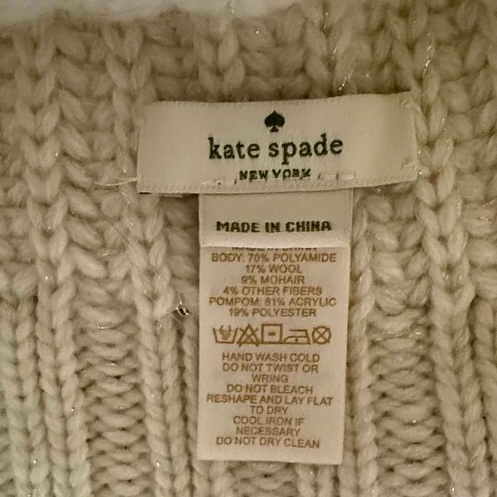 Kate Spade Cream Knit Beanie with Black Pom